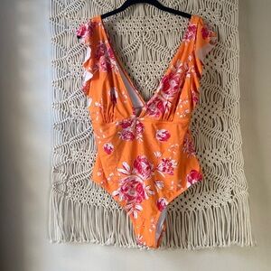 CupShe orange pink floral ruffled one piece swimsuit sz 1X